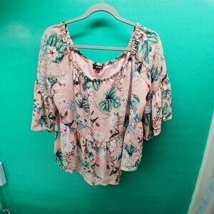 a.n.a Peplum Blouse M Pink Floral Boho Tropical Bell Sleeve‎ Off Shoulder Top